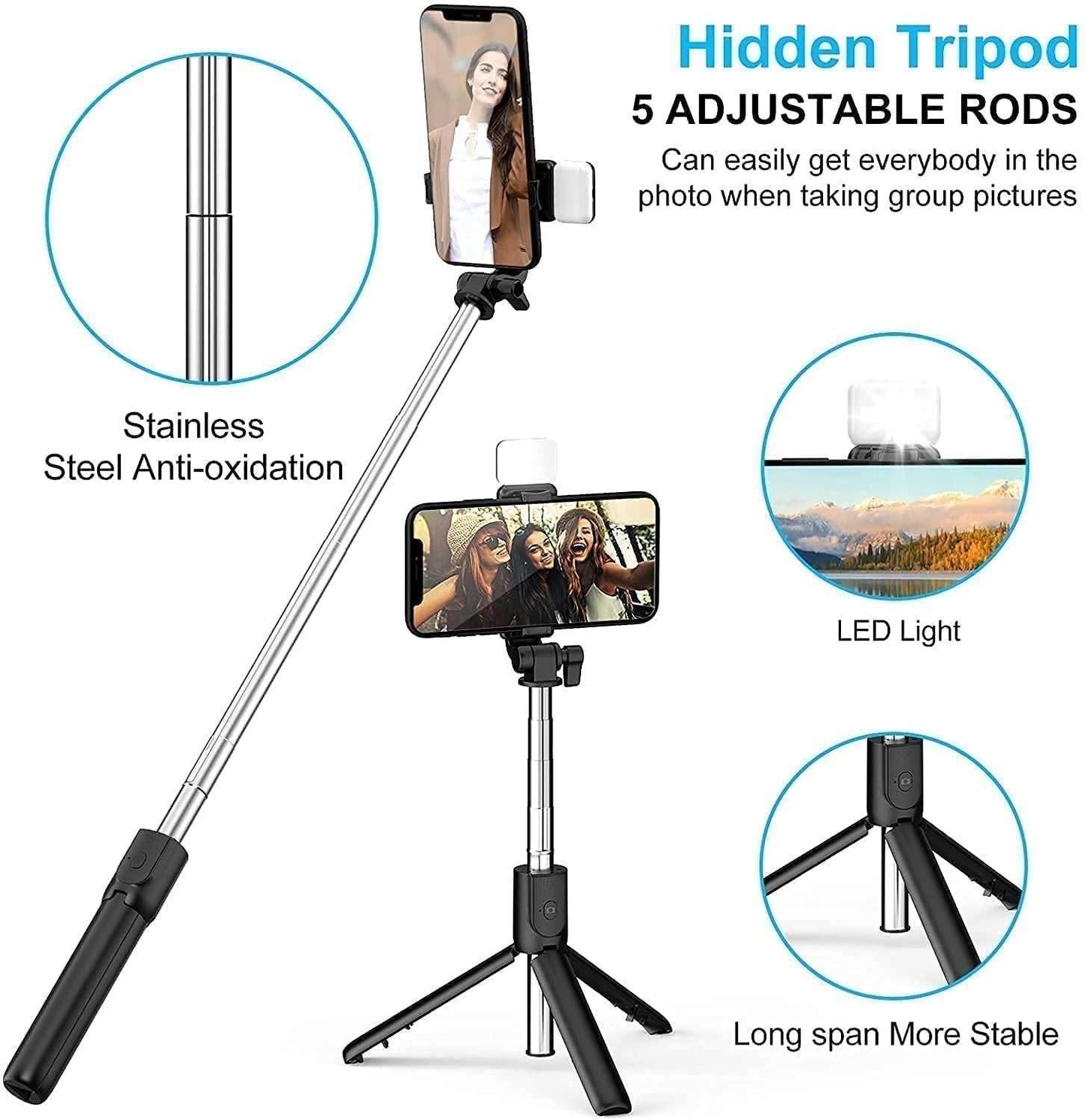 Extendable 3-in-1 Selfie Stick Tripod with Bluetooth Remote