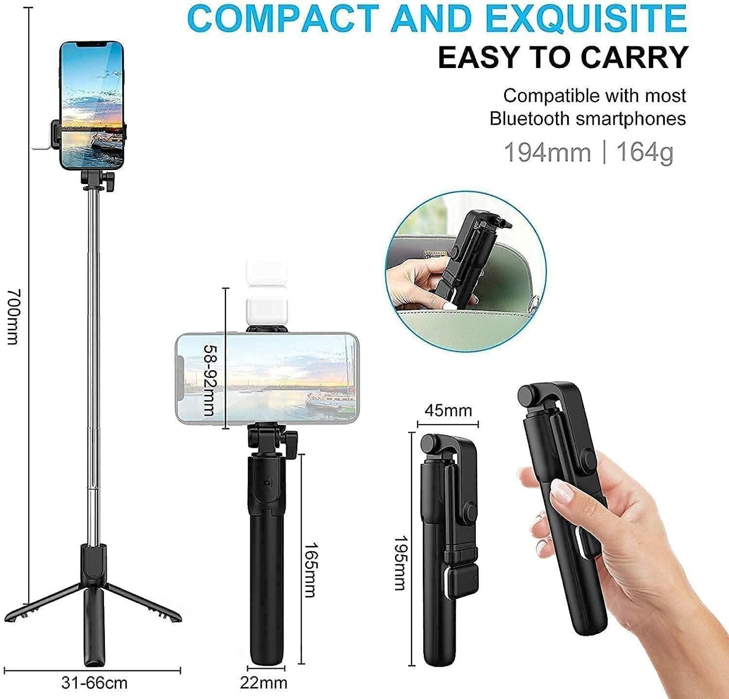 Extendable 3-in-1 Selfie Stick Tripod with Bluetooth Remote