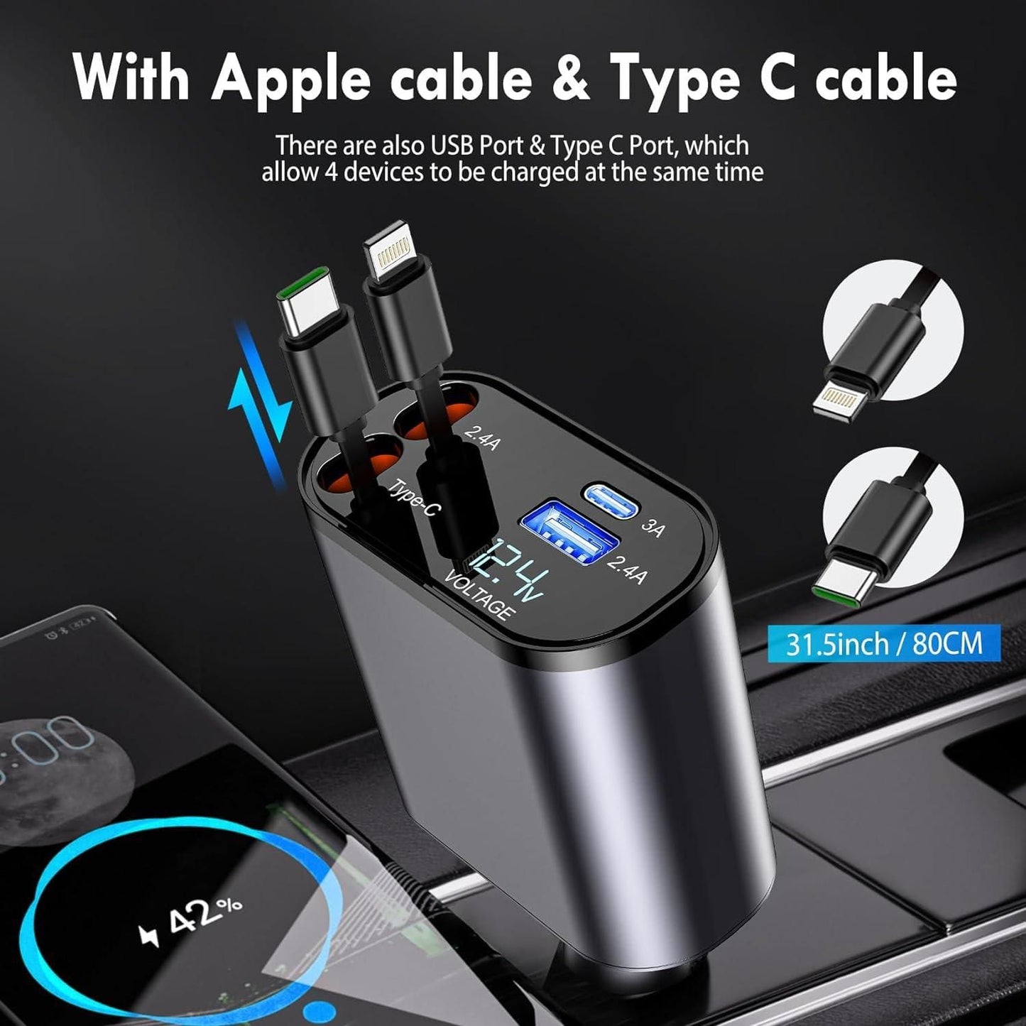 Premium Retractable 4 in 1 Car Charger